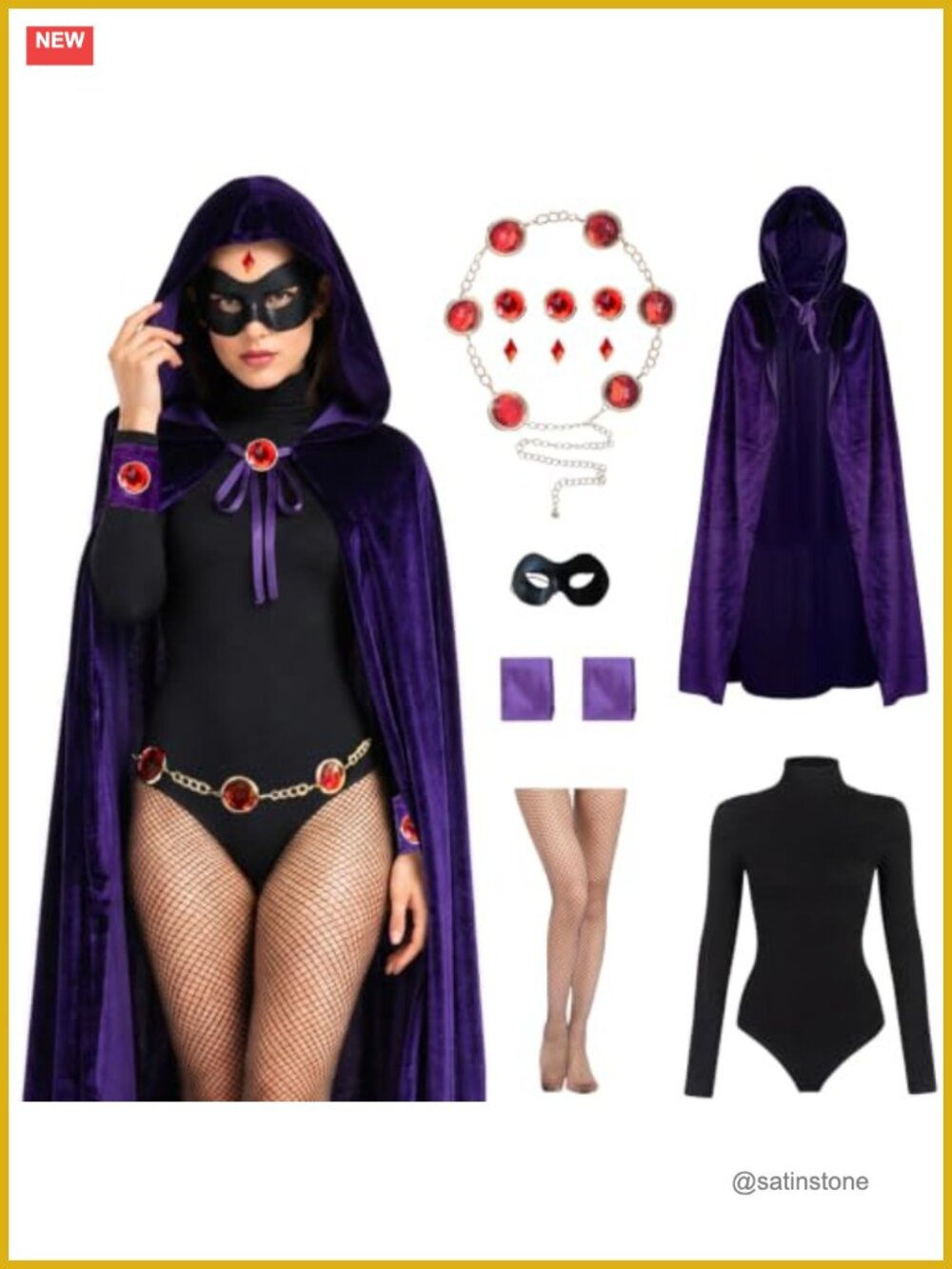 Purple Velvet Cape Hooded Cloak Bodysuit Costume Set